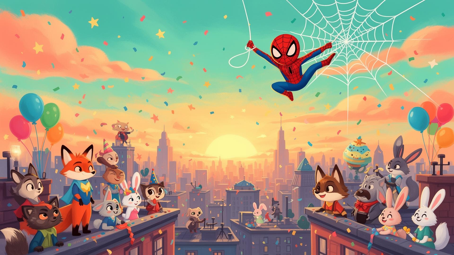 Spider-Man swinging over a sunset city while Zootopia-style animals celebrate on rooftops